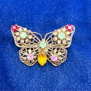 Vintage Czechoslovakian Open Design Butterfly Brooch with Multi-colored Rhinesto